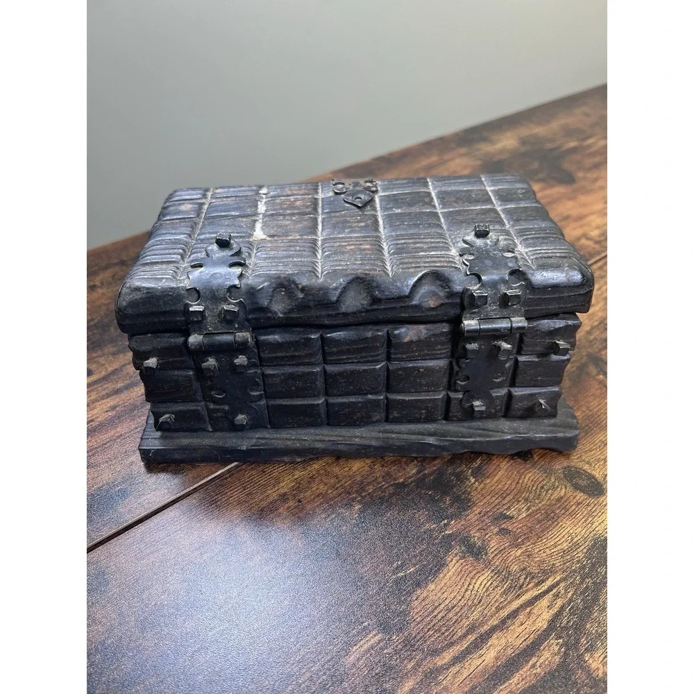 Vtg Hand Carved Rustic Gothic Wooden Treasure Chest Trinket Box Brutalist